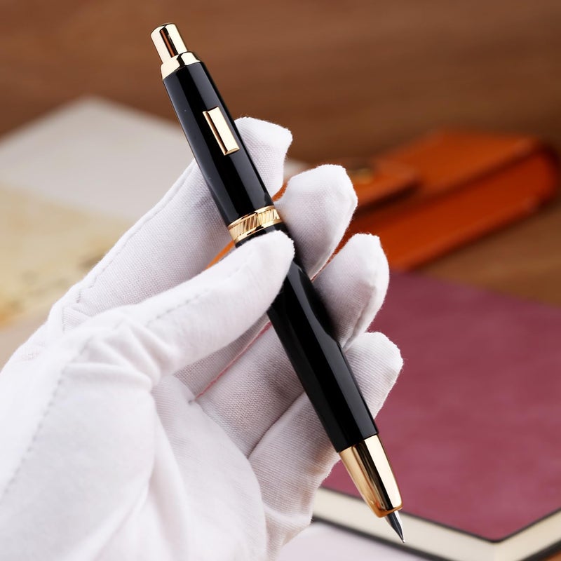 erofa Majohn A1 Press Fountain Pen Fine Nib with Converter, Retractable Black Golden Writing Set (No Clip Version) - Image 2
